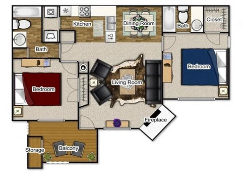 Floor plan for 2 beds, 2 baths, 950 sqft